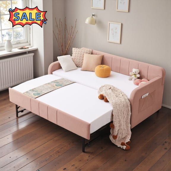 Tcbosik Twin Size Upholstered Velvet Daybed with Trundle, Sofa Bed with Side Pocket for Bedroom, Living Room, Wood Slats Support, Space Saving, Pink
