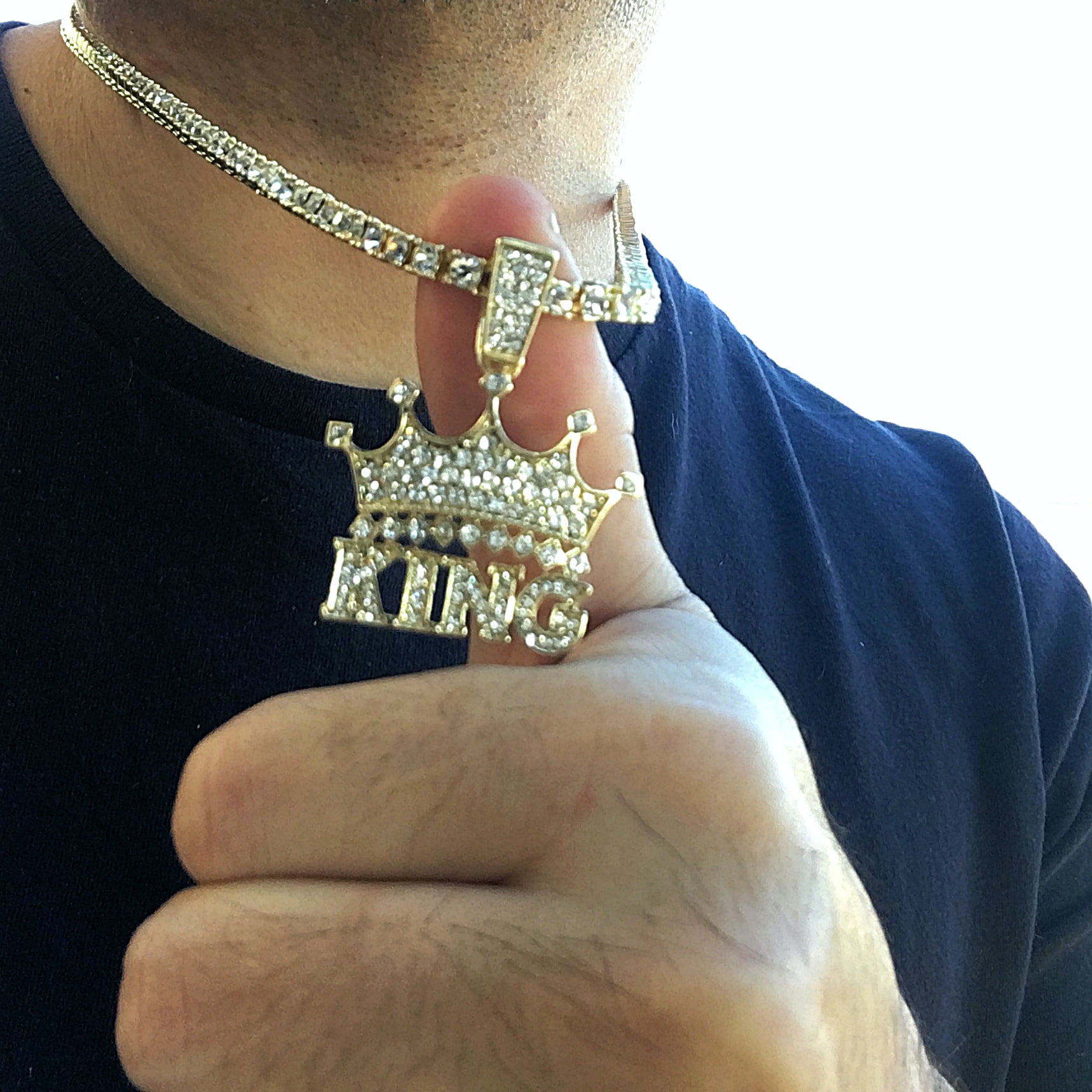 Crown King Pendant Tennis Chain Gold Finish One Row Bust Down