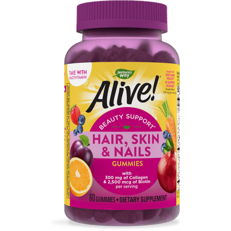Nature’s Way Alive! Hair, Skin & Nails Gummies, Collagen & Biotin, Antioxidant Vitamins C & E, Strawberry Flavored, 60 Gummies