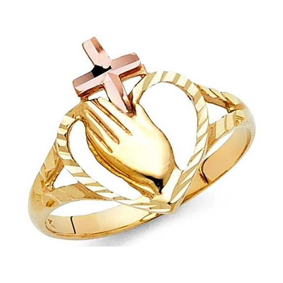 Cross Heart Praying Hands Ring 14k Yellow Rose Gold Religious Band Diamond Cut Two Tone 15MM, Size 7