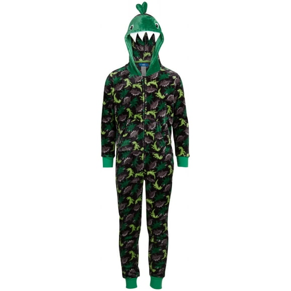 ONLY Pyjama une Pièce à Capuche en Polaire pour Garçons - Sharks Dino Cyclopes Sloth (6-14), Taille 8-10, Dinos Noir/vert