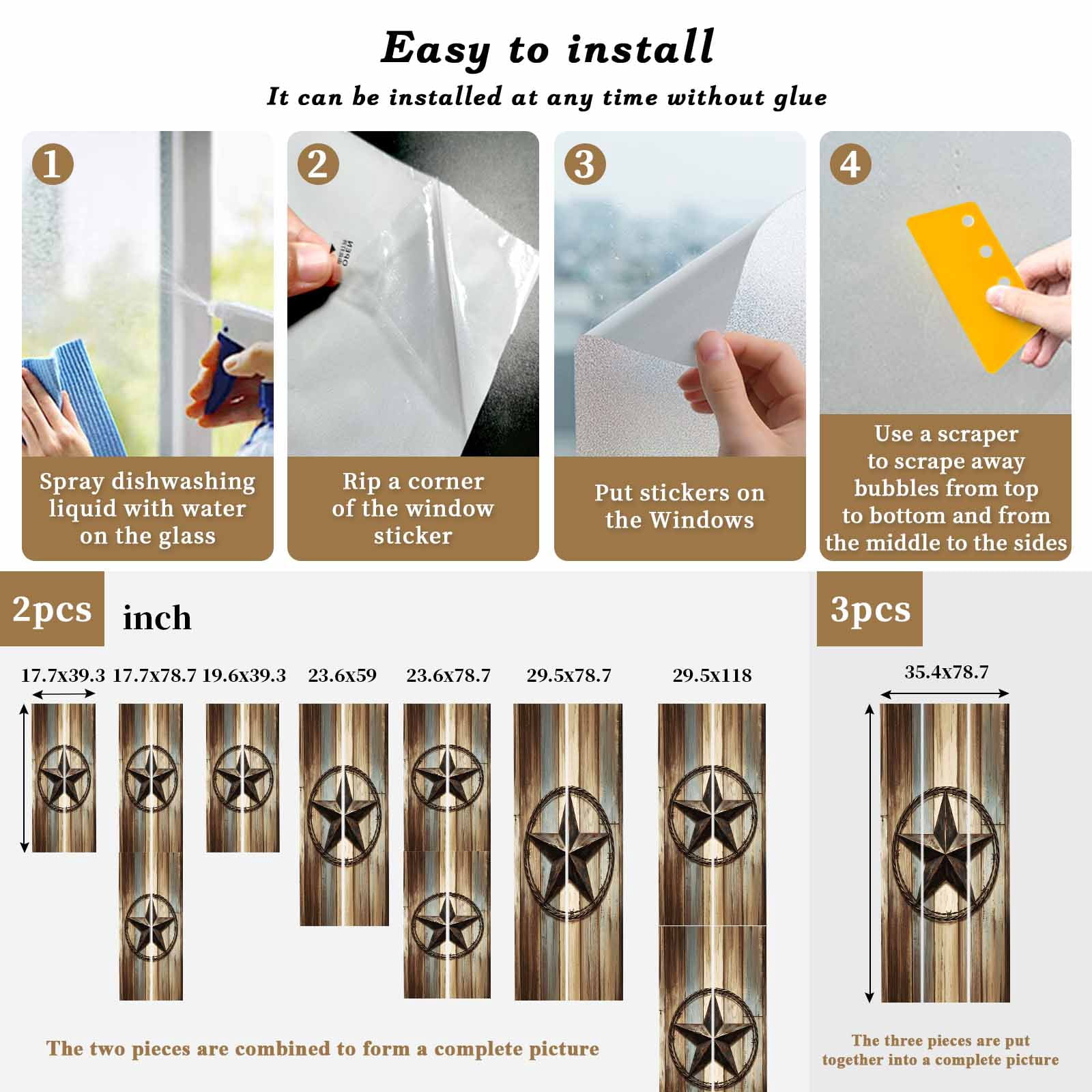 Country Star Window Privacy Film, Farmhouse Star Brown Beige Wood Grain Frosted Glass Window Clings Static Cling UV Heat Blocking Reusable Door Sticker for Bathroom 29.5 x 118 Inch