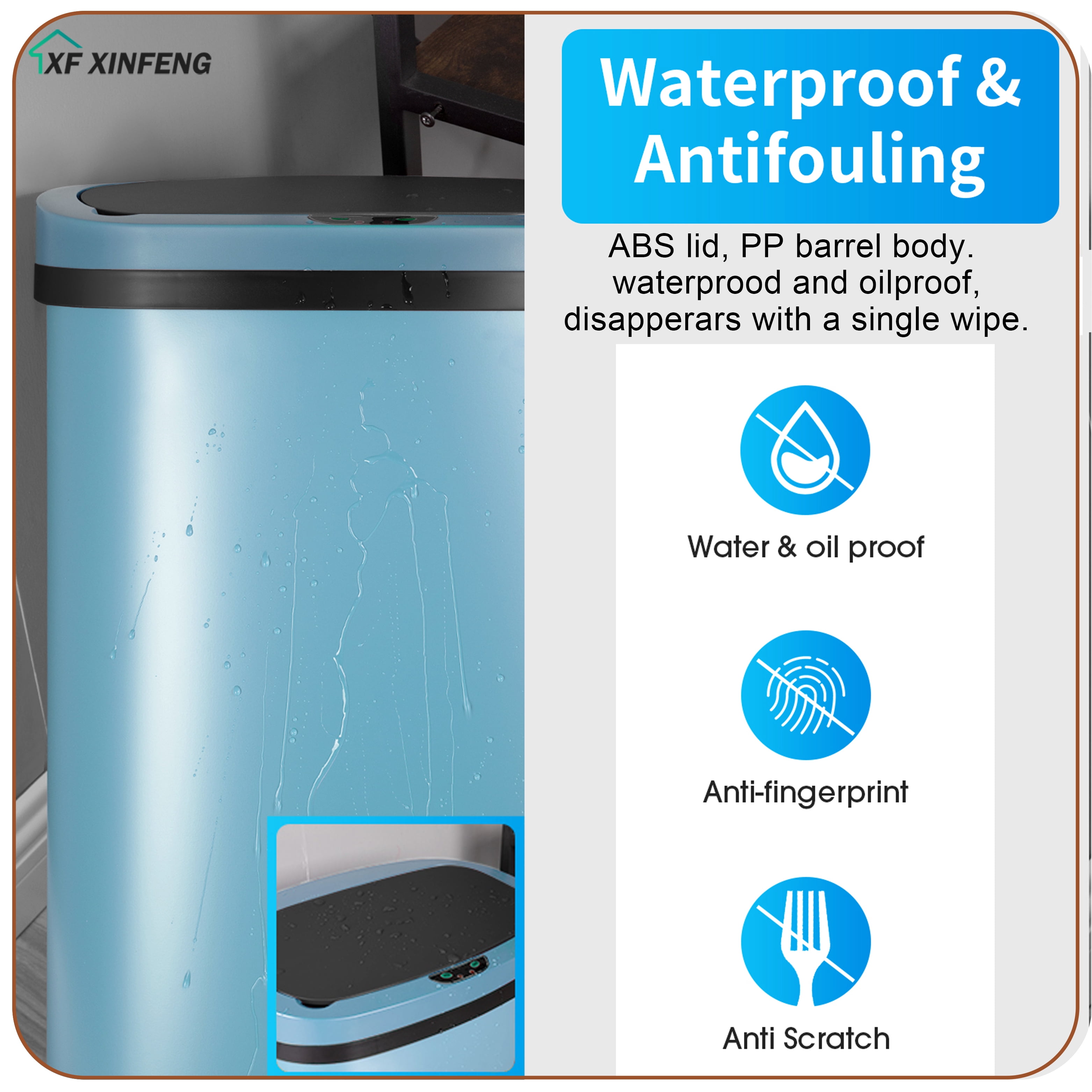 XF XINFENG 13 Gallon 49 Litre Dustbin Kitchen Trash Can with Lid Automatic Sensor Touch Bin,Garbage Can, Waste Bin, For Bathroom/Double Bed/Bedroom/Home/Office, Blue