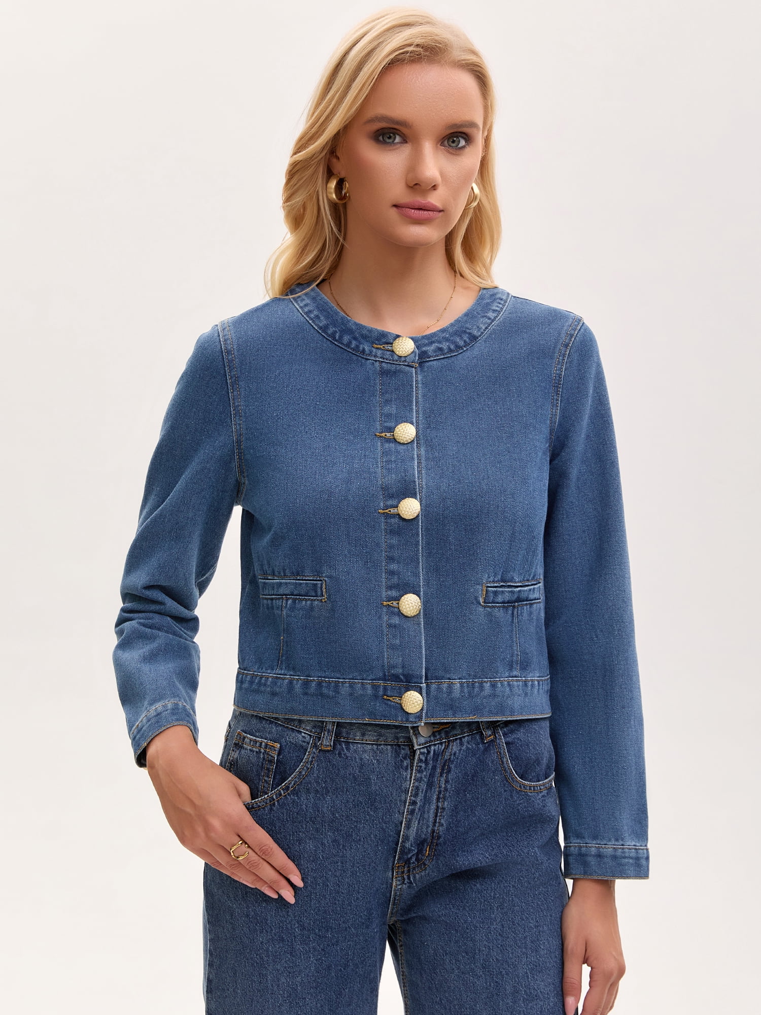 DARING DIVA Women's Collarless Long Sleeve Button Down Jean Jacket M Blue