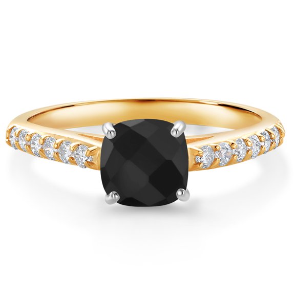 Gem Stone King 10K Two Tone Gold Black Onyx and White Lab Grown Diamond Engagement Ring for Women (1.10 Cttw, Gemstone December Birthstone, Cushion Checkerboard 6MM, Size 9)