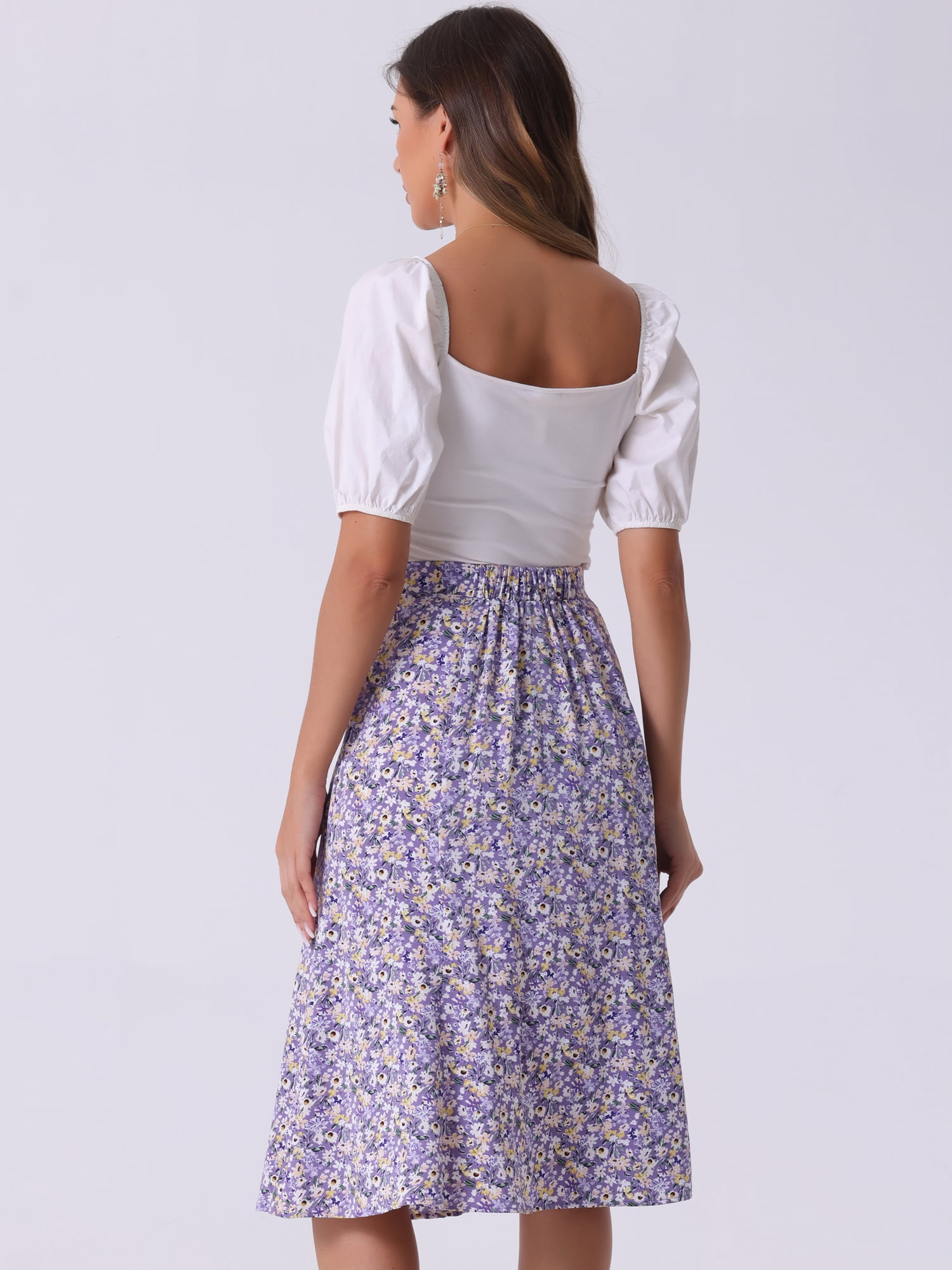 DARING DIVA Women's Elastic Waist A-Line Floral Print Midi Skirt L Purple