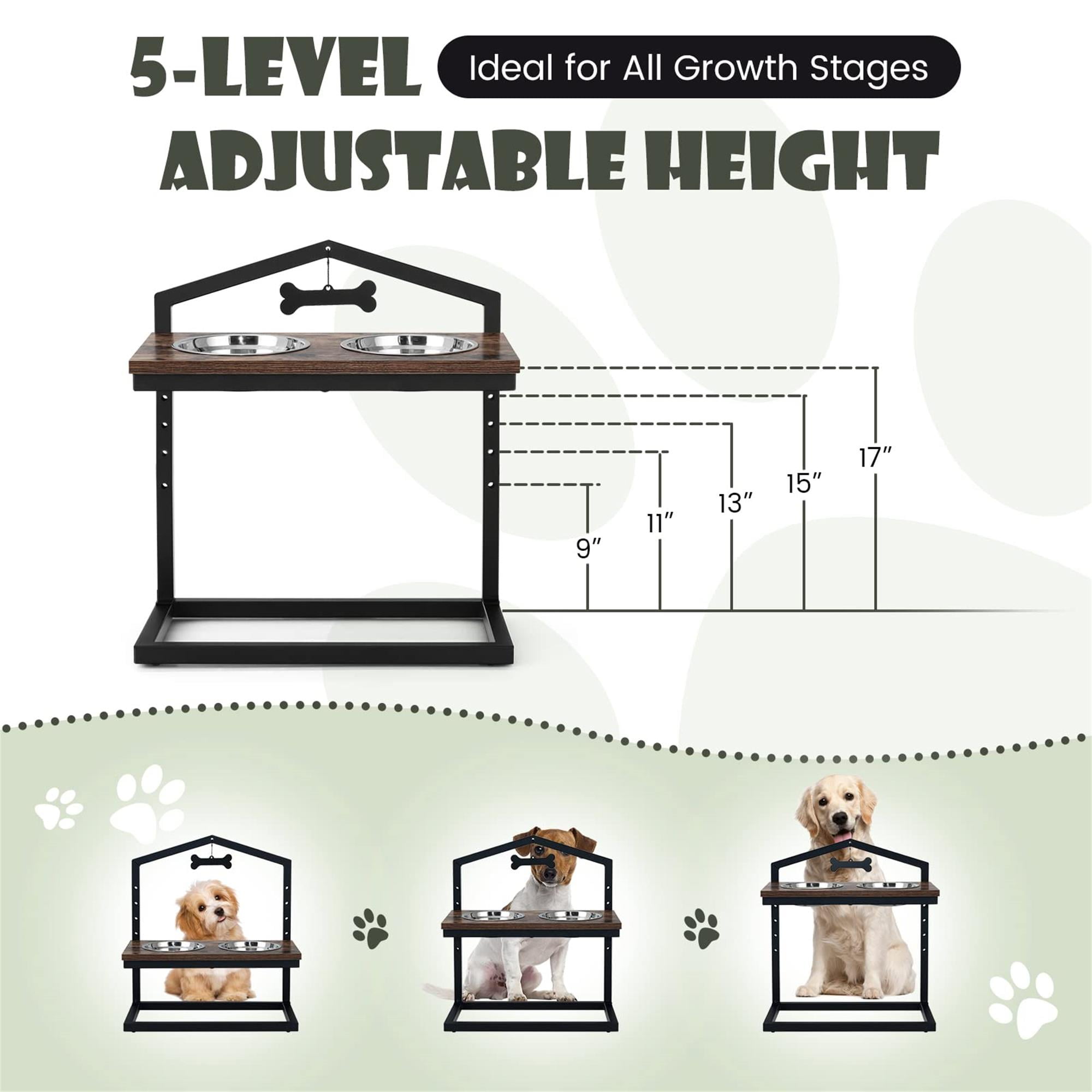 Kadyn 9"-17" Elevated Pet Feeder with 2 Stainless Steel Dog Bowl, Pet Food Bowls for Feeding Small Medium Dogs Cats Puppies, Brown
