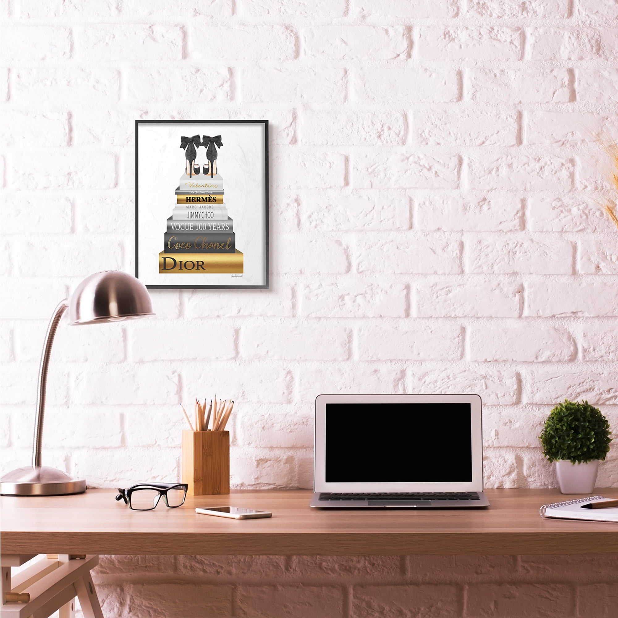 Stupell Industries Fashion Designer Shoes Bookstack Black Gold Watercolor Framed Wall Art by Amanda Greenwood