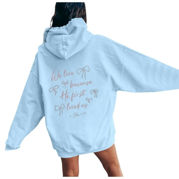 PMVFHDE Women's Bow Print Drawstring Pocket Pullover Hoodie, Casual Cute Long Sleeve Fall Sweatshirt Top Light Blue，XXL