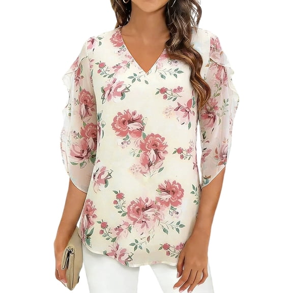 PFRNLF Chiffon Shirts for Women Summer Dressy Blouses Casual V Neck 3/4 Sleeve Tops
