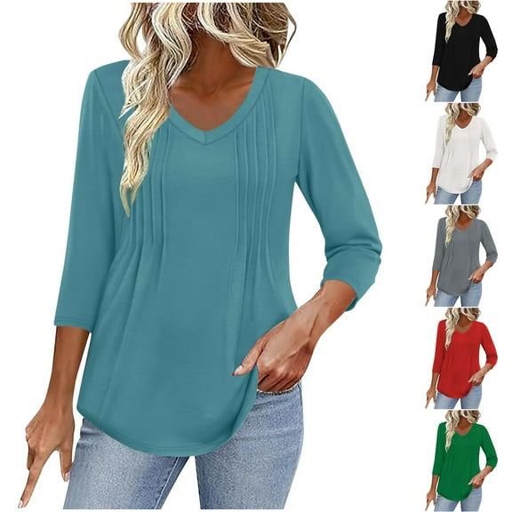 Fashion Olyvenn Women's Summer Shirts Casual V Neck Pleated 3/4 Sleeve Tshirts Fahsion Loose Breathable Cool Street Outing Tunic Tops Green S