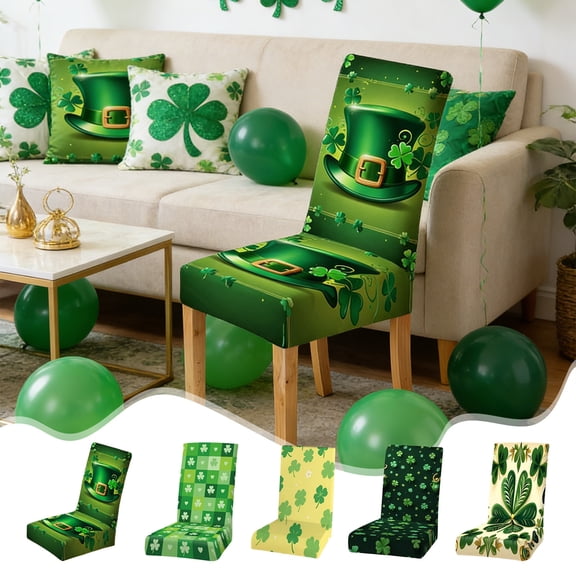 AYktou St. Patrick's Day Chair Covers, Stretchable Shamrock Green Clover Dining Table Chair Slipcover Elastic Straps Removable Washable Chair Cover for Dining Room Hotel Party Spring Decorations