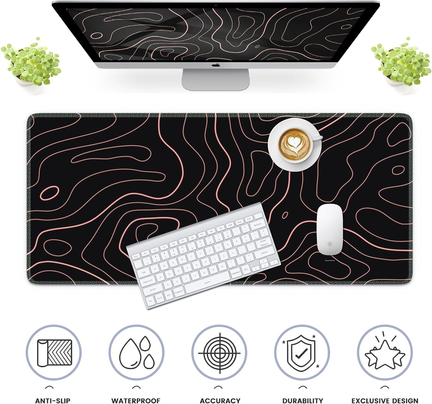 Topographic Mouse Pad, Gaming Mouse Pad, Extended Kanagawa Desk Pad, 35.4x15.75in XXL Mouse Pad with Non-Slip Rubber Base, Anime Mice Pad Desk Mat, Grey 2