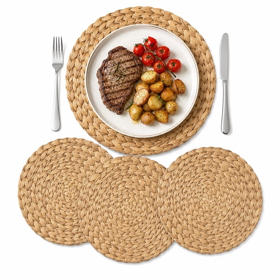 Round Woven Placemats Set of 4,NOGIS Boho Natural Water Hyacinth Weave Placemat Round Braided Large Woven Placemats Rattan Tablemats for Dinner, Decor（10" Round）