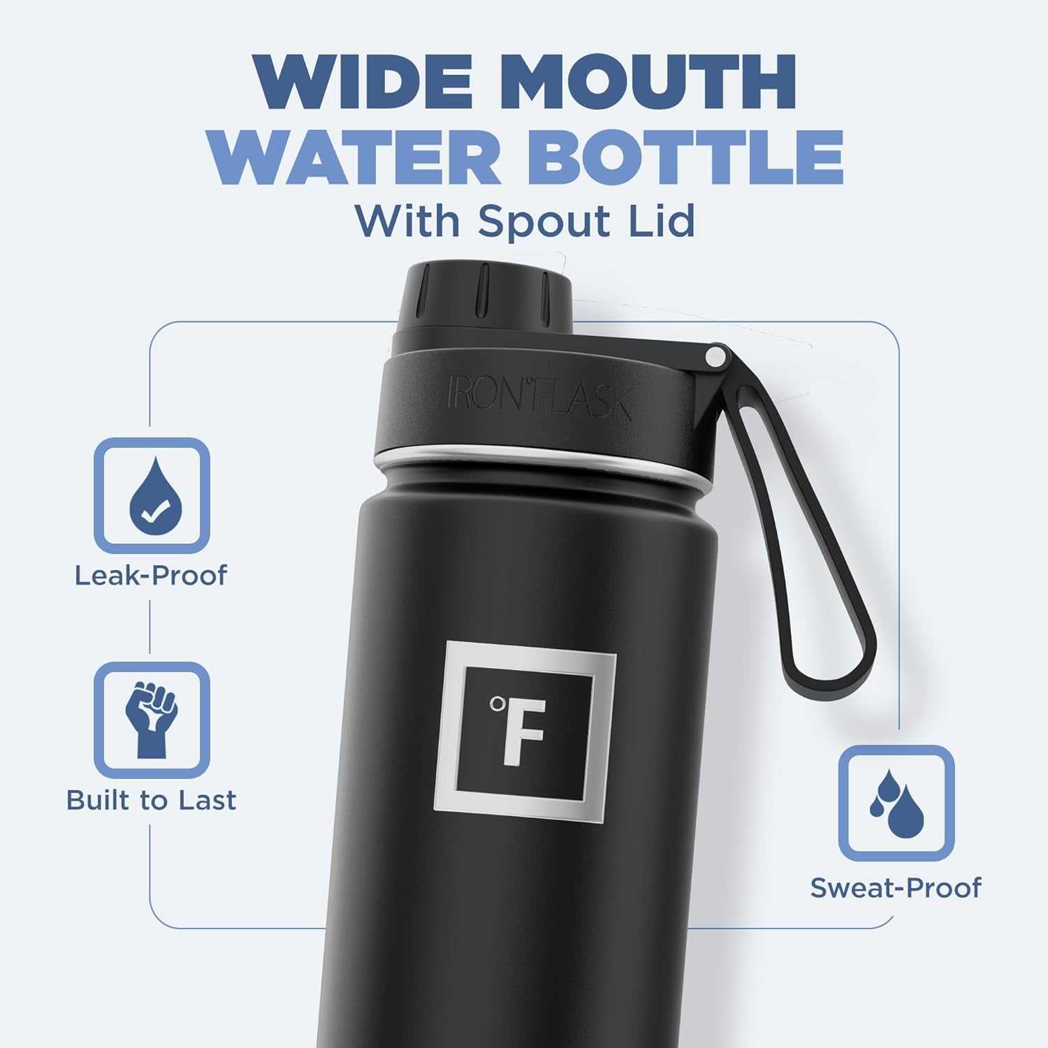 IRON °FLASK Camping & Hiking Hydration Flask, Wide Mouth, 3 Spout Lids, Stainless Steel Outdoor Water Bottle, Double Walled, Insulated Thermos, Metal Canteen - Midnight Black, 22 Oz