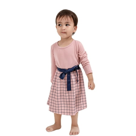 

Raruxxin Mommy and Me Matching Clothes Mom Kid Baby Girls Round Neck Long Sleeve High Waist Patchwork Plaid Dress with Belt