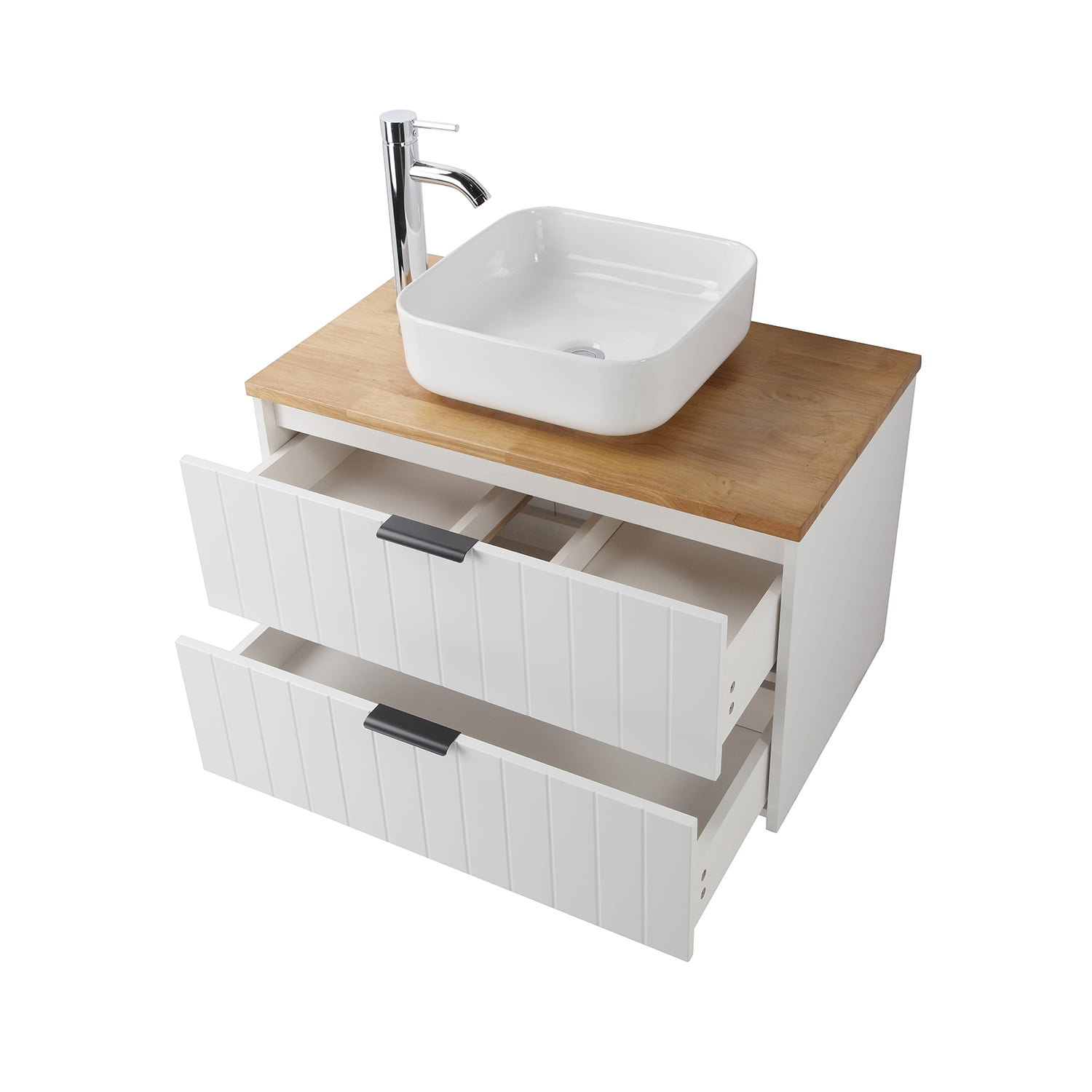Demi Bonn 31" Double Drawer Wall-Mounted Bathroom Vanity with Solid Wood Natural Top, Square Art Ceramic Sink, Faucets and Drains Not Included, White