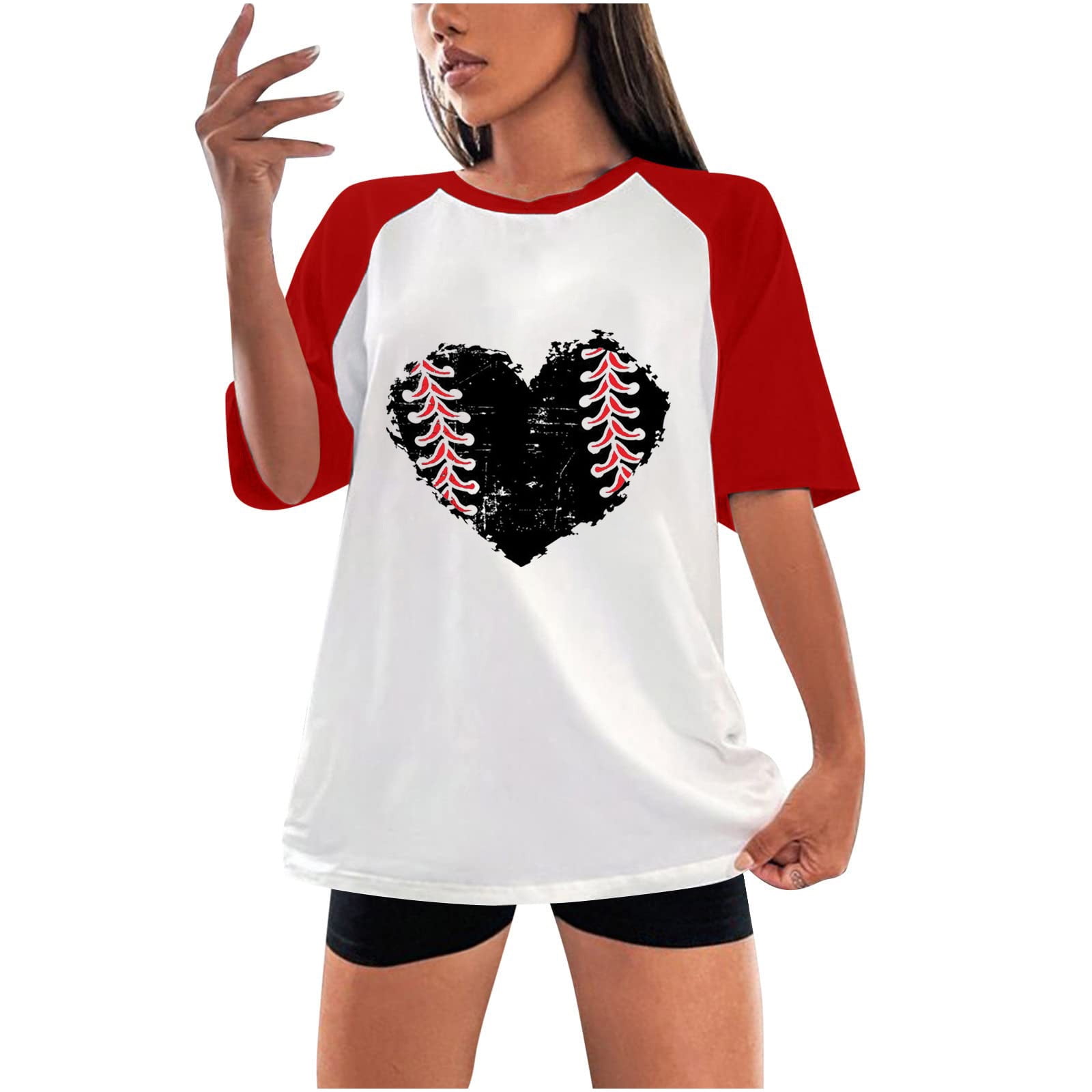 cllios Baseball Shirt Women Heart Print Short Sleeve T Shirt Summer