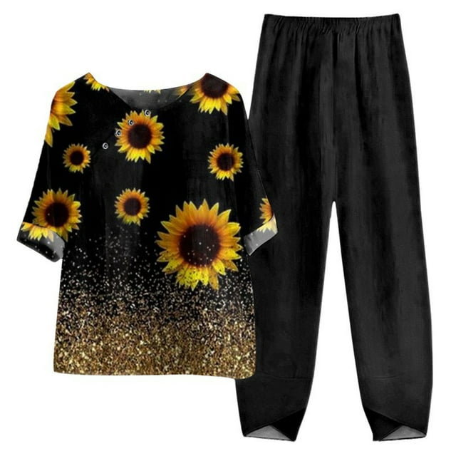 Mikilon Ensemble Élégant pour Femmes 2 Pcs Coton Lin Imprimé Manches Cinq-Quarts Col Rond + Pantalon Décontracté Jaune-B TG