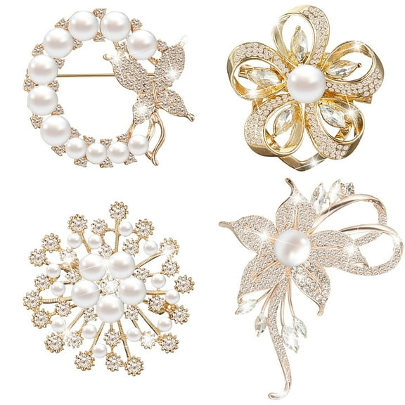 4 Pcs Brooches and Pins for Women Crystal Pearl Brooches Heart Rhinestone Flower