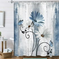 Rustic Farmhouse Shower Curtain, Farm Blue Daisy Floral Flowers and Butterfly on Country Wooden Shower Curtain for Bathroom, Turquoise Blue Bathroom Shower Curtains with 12PCS Hooks, 70X84IN