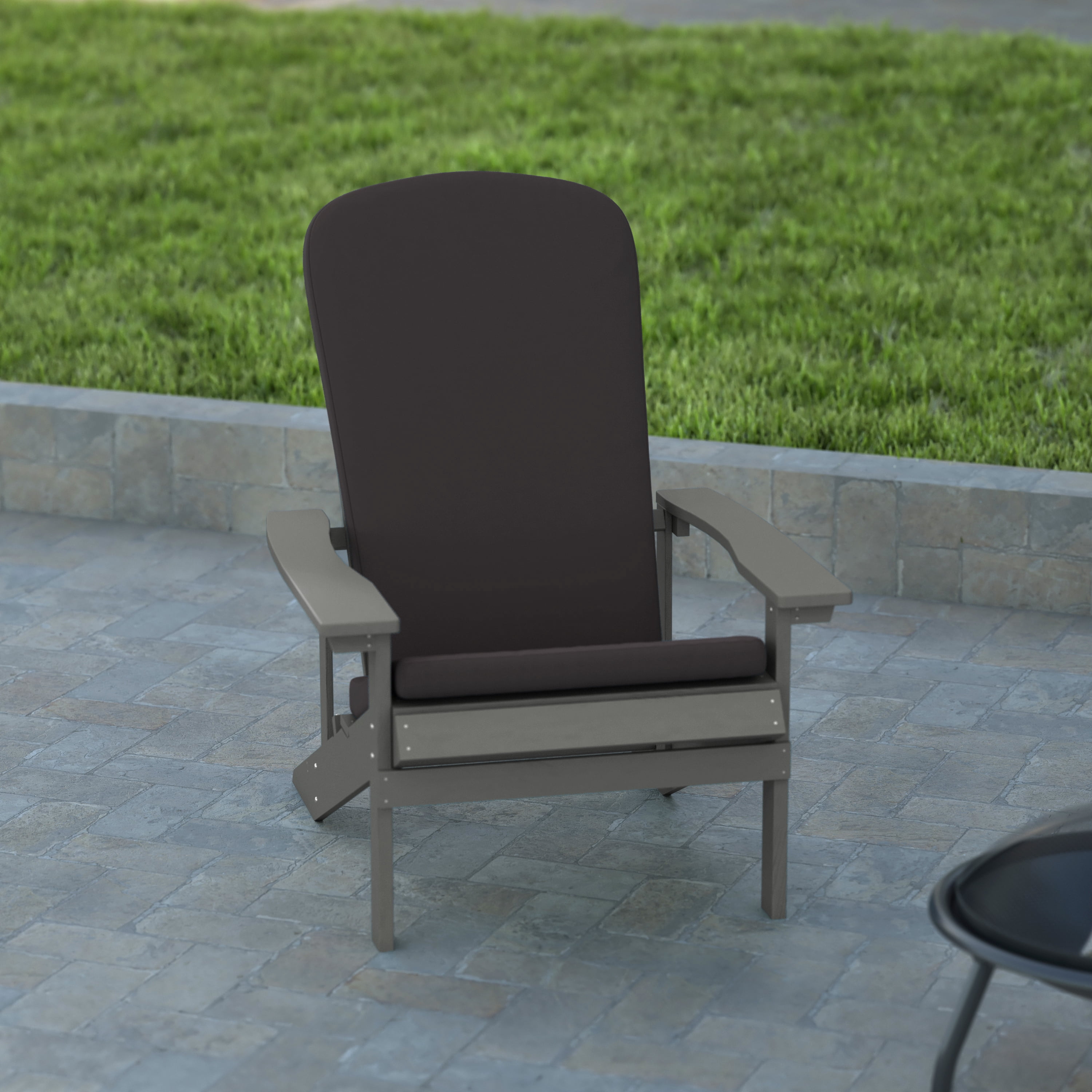Emma + Oliver Set of Two Gray All-Weather Polyresin Adirondack Chairs with Gray Cushions