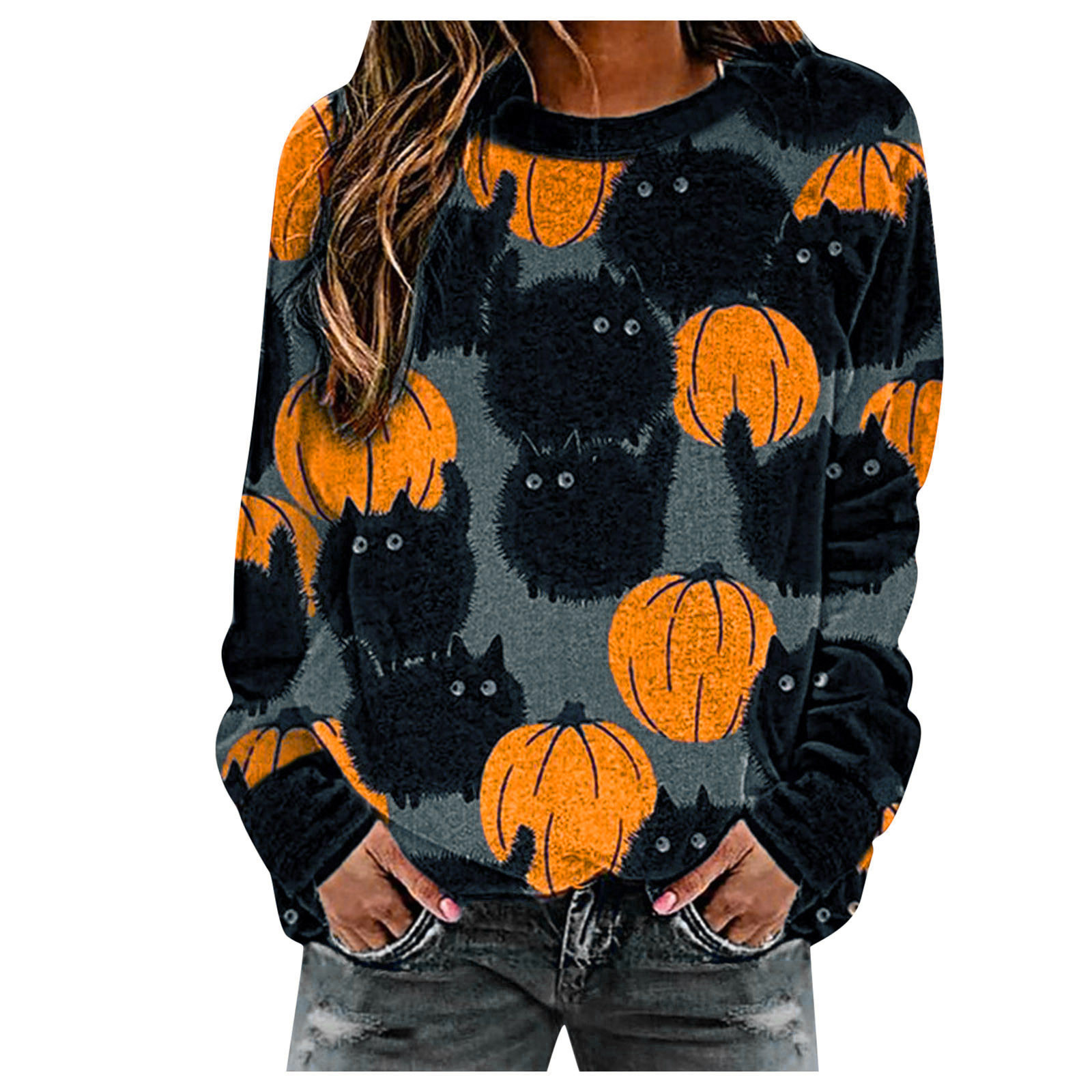 Women Sweaters Halloween Costume Cat Pumpkin Print Crew Neck Long