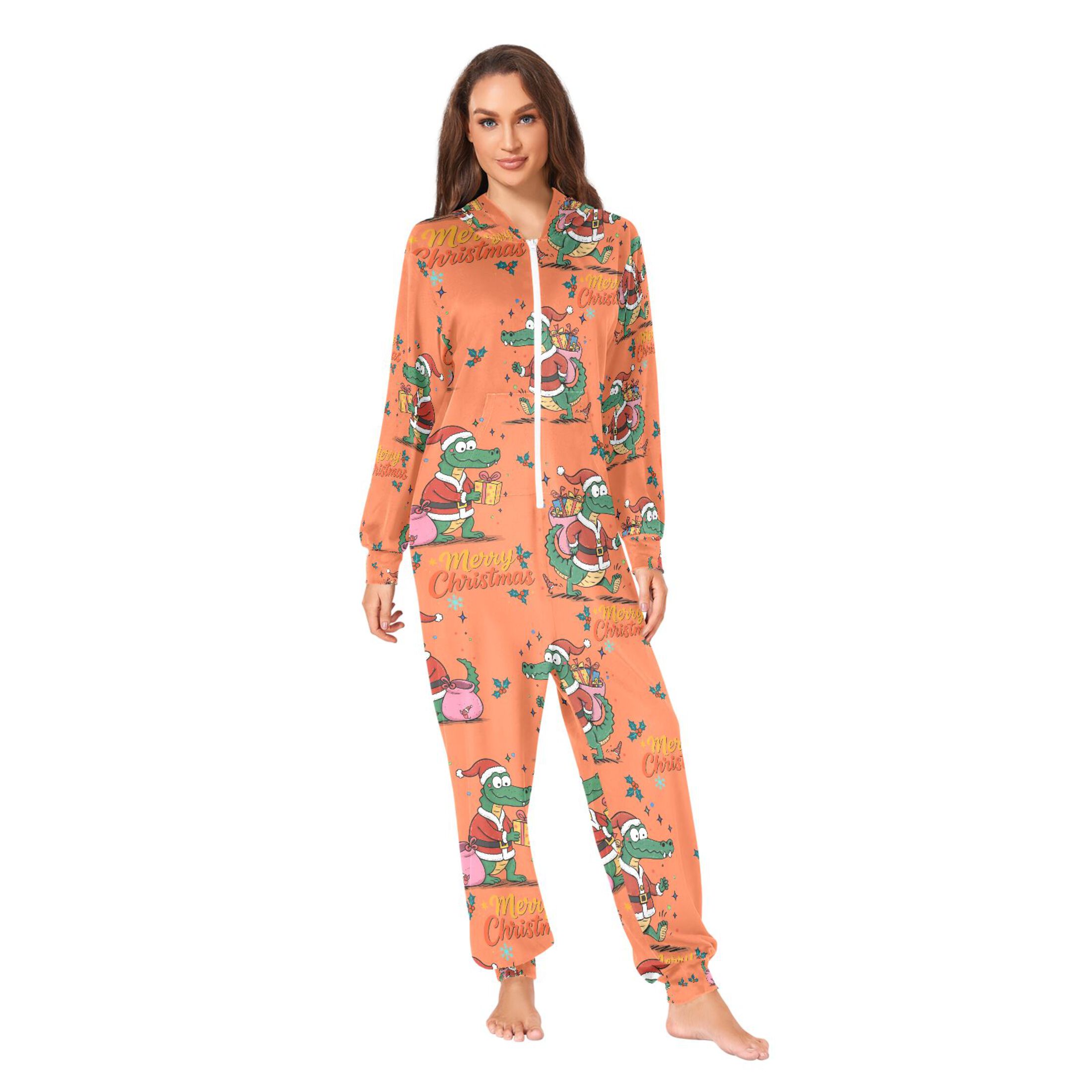 Adult Christmas Onesie Christmas Crocodile Adult Zipper One-Piece Pajamas Unisex Pajamas with Pockets