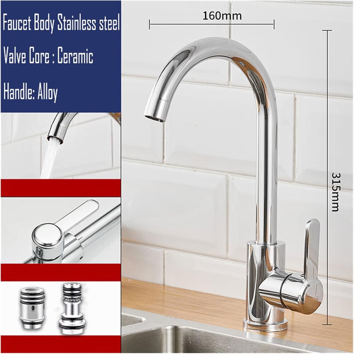 360 Rotatable Hot and Cold Dual Temperature Stainless Steel Sink Faucet Kitchen Faucet with 2 Hose