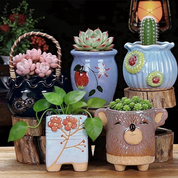 Set of 5 Mixed-Shaped Turquoise Ceramic Flower Pots for Succulent Plants