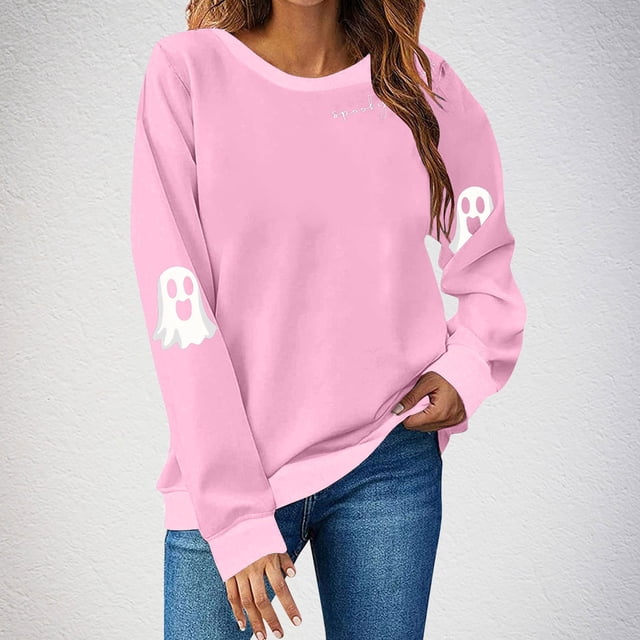 Ailaofu Women's Ghost Skull Crop Sweatshirt Fall Halloween Long Sleeve Pullover Spooky Season Sweatshirt