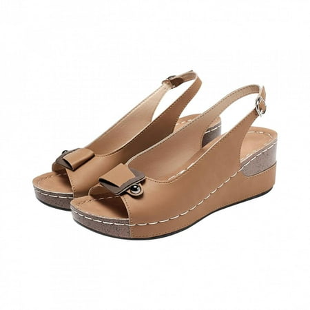 

Penkiiy Women s Vintage Buckle Wedge Heel Open Toe Low Fish Mouth Roman Sandals