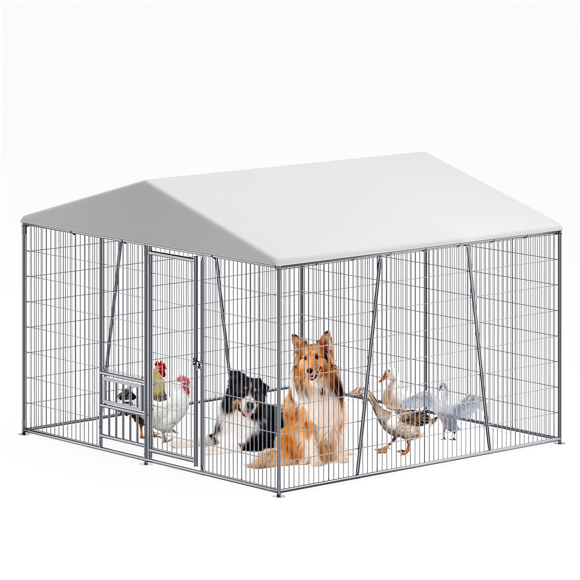 JERFIT 10x10ft Outdoor Metal Dog Kennel with Roof & Feeding Bowl, Heavy Duty Steel Wire Pet Cage Playpen for Large Dogs