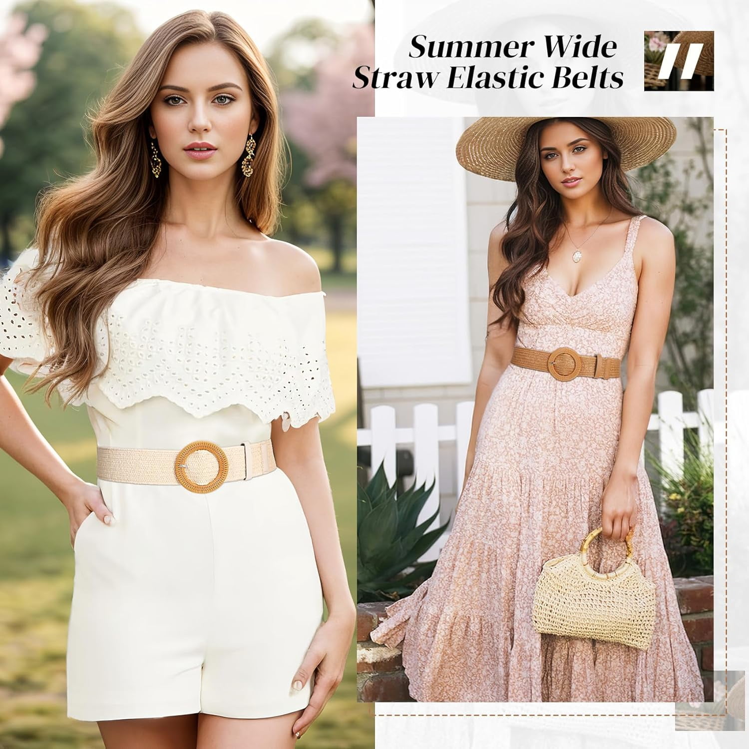 7785 Women\'s 2 Pack Woven Belts Raffia Boho Belt Stretchy Dress Two Toned Pearl Metallic Raffia Belt | mostwantedusa main image 2