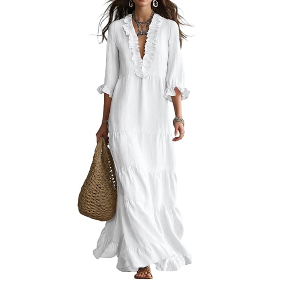 Women Ruffled V Neck Tiered Maxi Dress, 3/4 Flounce Sleeve Loose Flowy Long Dress, Casual Summer Vacation Beach Sundress with Multiple Colors,White,2XL