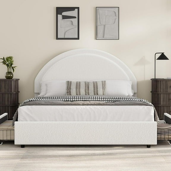 Queen Size Boucle Bed Frame with 2 Storage Drawers, Soft Upholstered Platform Bed Frame with Round Headboard, Heavy Duty, Wooden Slats, Noise Free, No Box Spring Needed, White