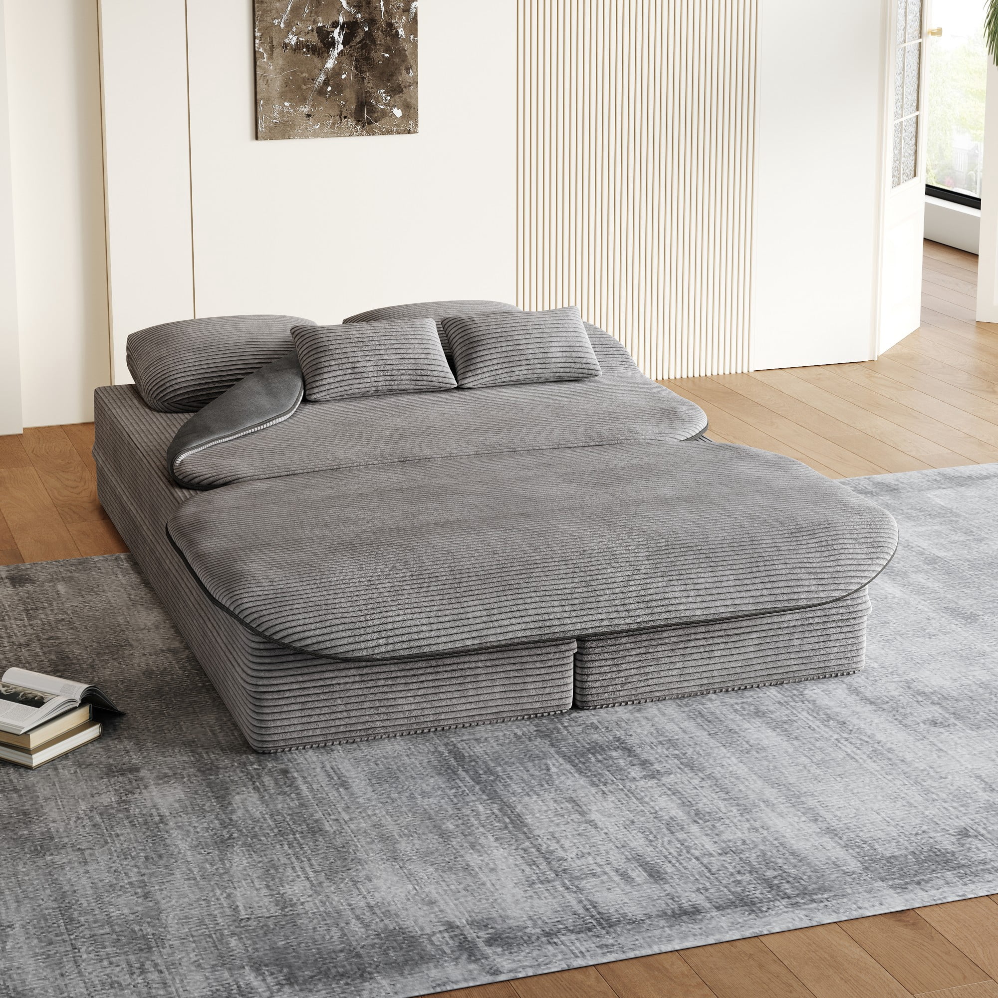 2-in-1 Convertible Sofa Bed,75'' Foldable Sleeper Sofa Bed,Corduroy Floor Folding Sofa Bed Lounge Sofa with Multi Functional Blanket for Living Room Bedroom,Grey