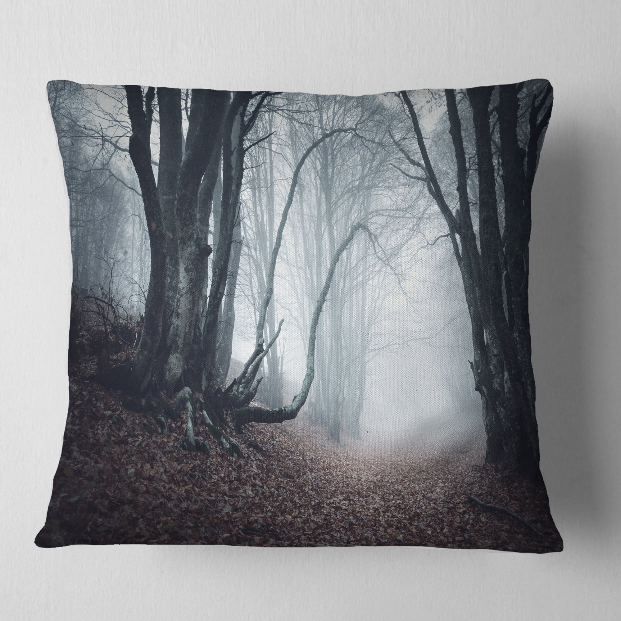 Designart Mysterious Fairytale Foggy Wood - Landscape Photography Throw Pillow - 16x16