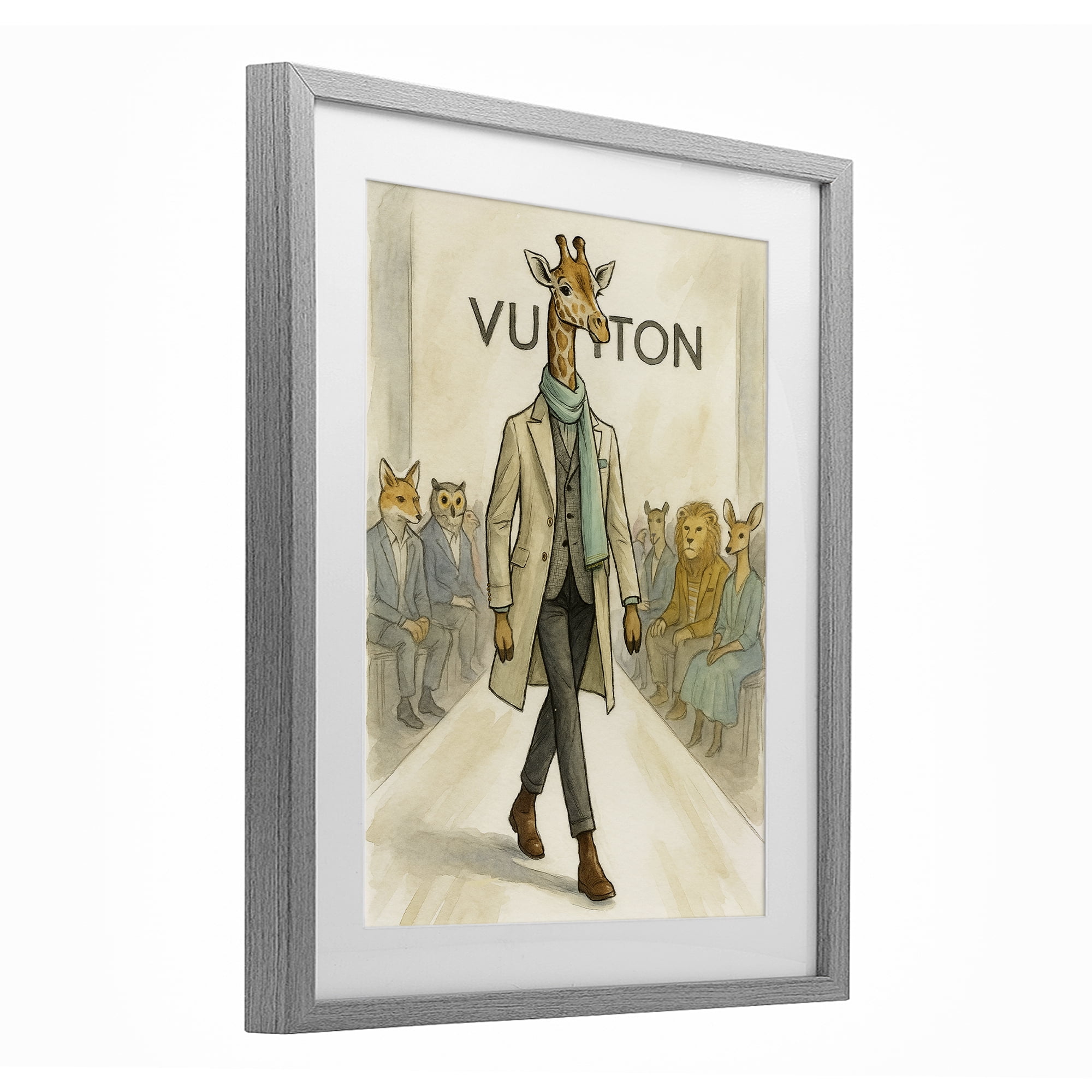 Stupell Industries Fashion Runway Giraffe Gray Framed Print Under Glass, design by Grotto Studios