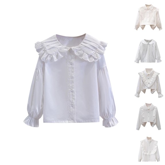 YHAJDS Girls Button Front Blouse Solid Color Lace Trim Long Sleeve Lightweight Top Spring Wear