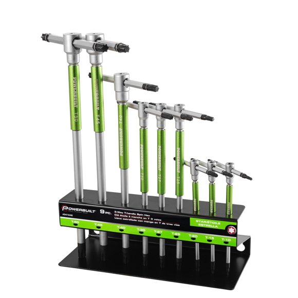 Powerbuilt 9 Pc Torx Star T-Handle Hex Allen Key Wrench Set w/ Speed Sleeves for Fast Spinning Action, Sliding Top Handle for “T&ac