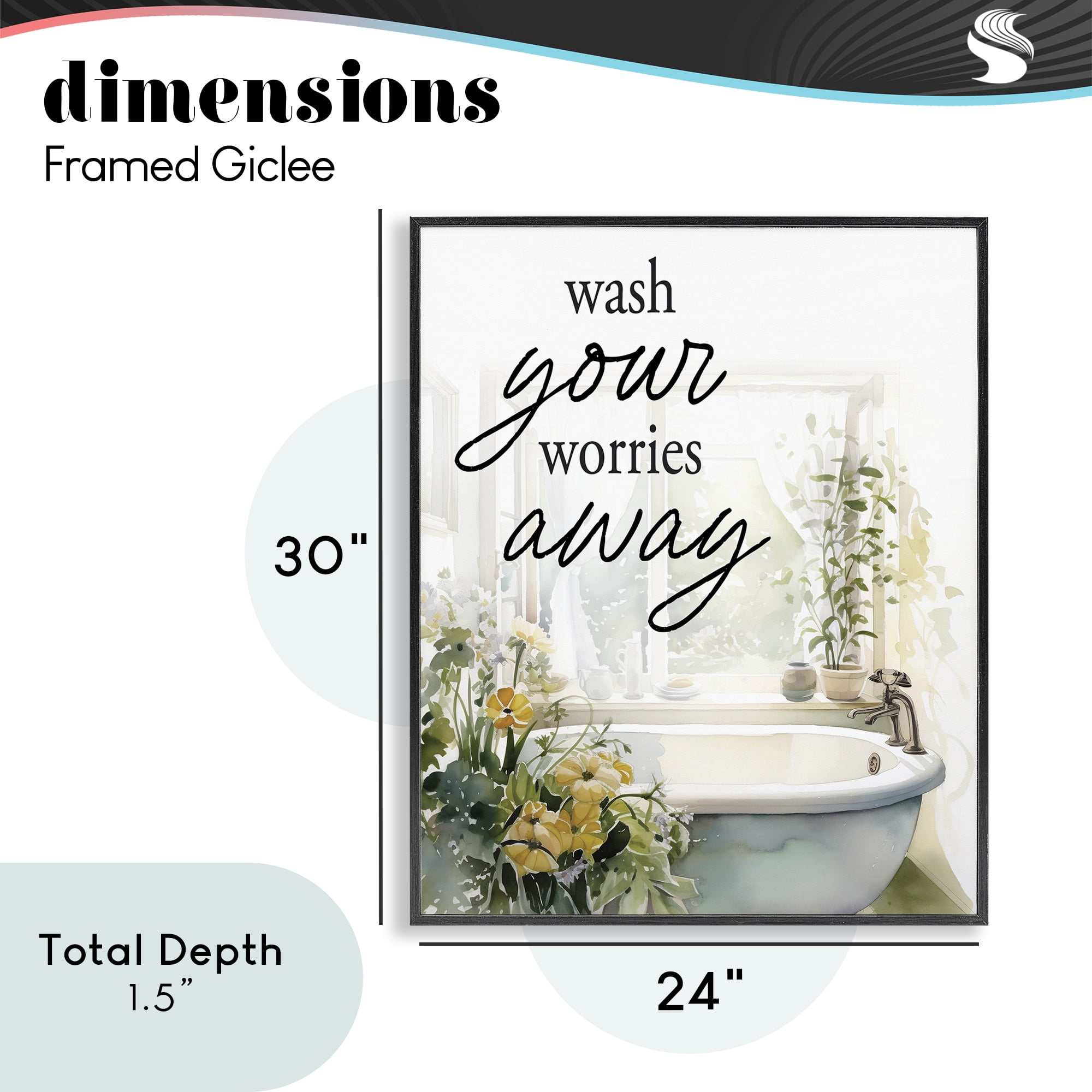 Wash Worries Away Sunlit Bath Black Framed Giclee Art, design by Lettered and Lined