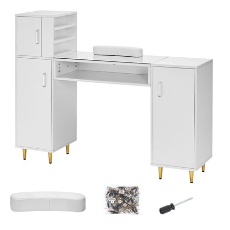 KFFKFF Manicure Station Glass Surface Nail Table Cosmetic and Nail Prep Desk with Organizational Compartments Durable Nail Technician Desk for Salon Spa Includes 8 Sturdy Legs and Wrist Support
