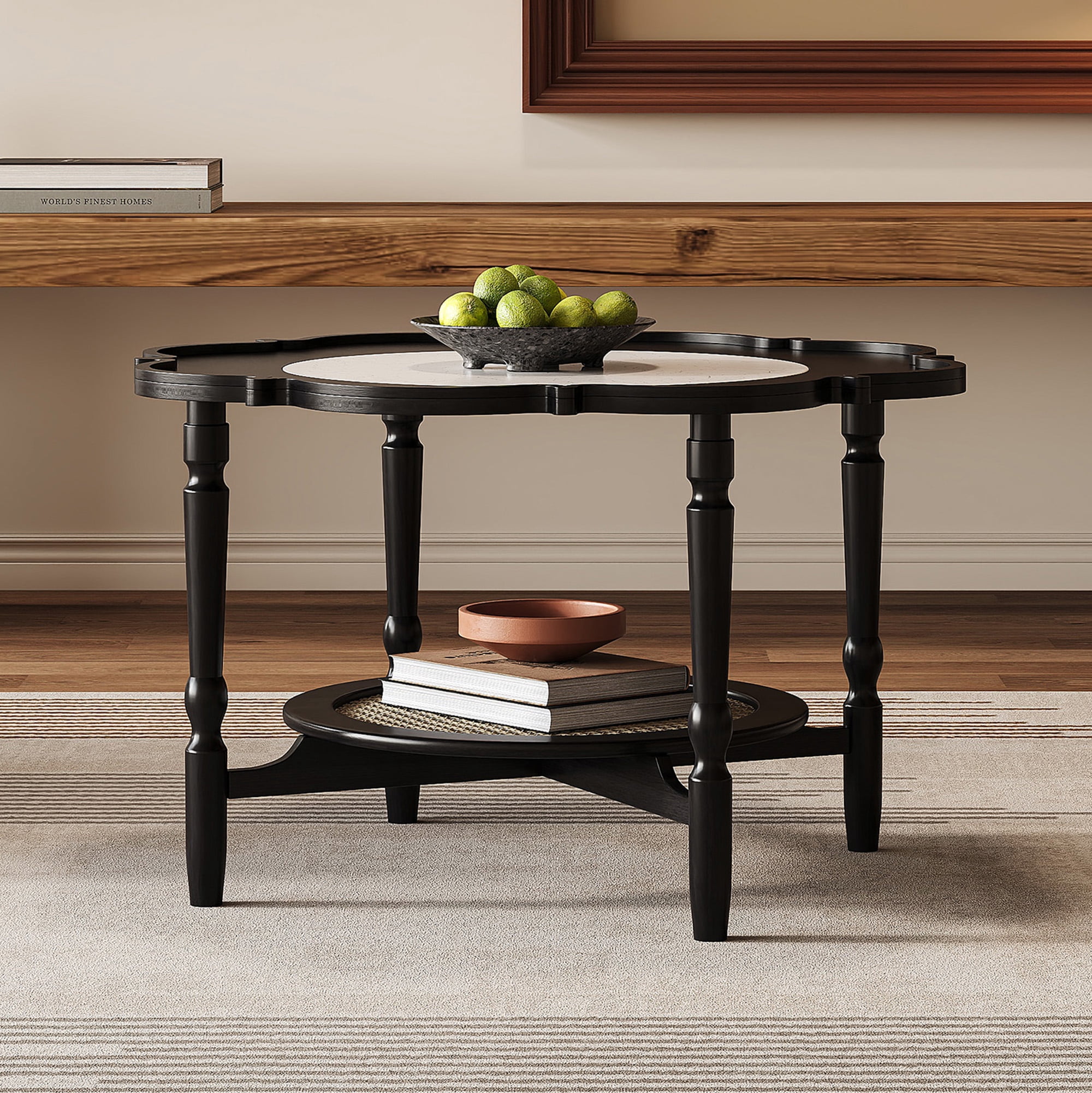 GARITIN Petal Shape Coffee Table 31.5 Inch, 2 Tiered Coffee Table with White Crackle Pattern Glass and Rattan for Living Room, Black