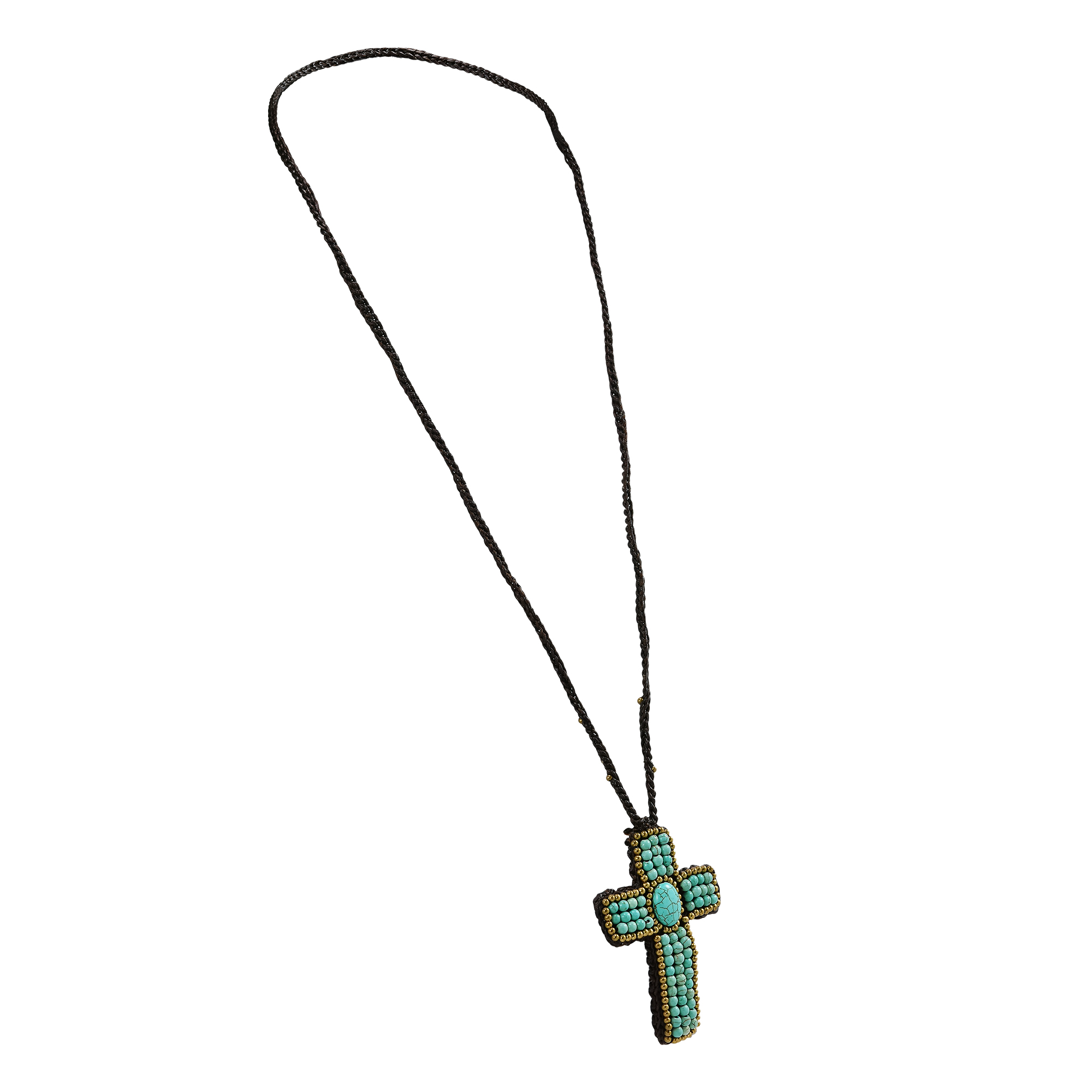 Antique Cross Turquoise Stone Brass Embellished Long Necklace - image 2 of 5