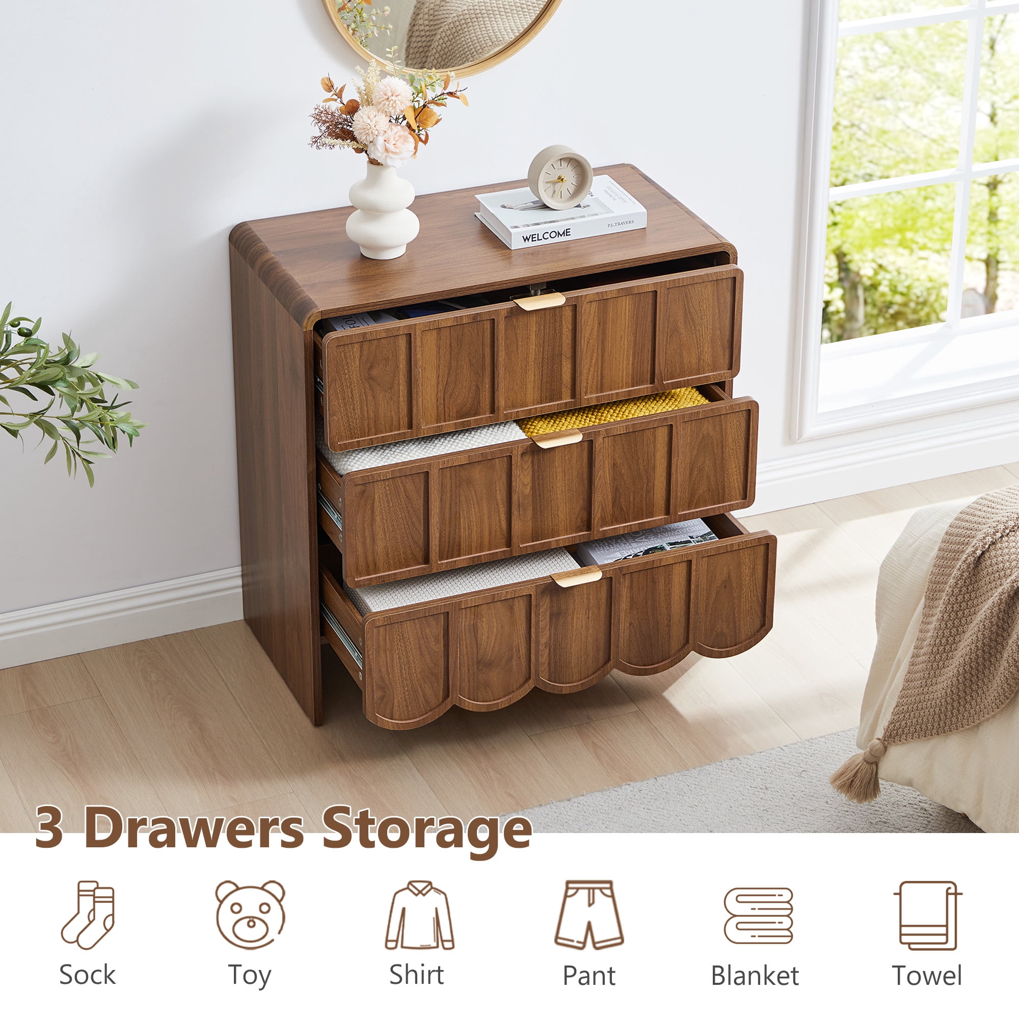 Weselon 3 Drawer Dresser for Bedroom, Modern Wave Panel Chest of Drawers, Closet Storage Cabinet, Walnut