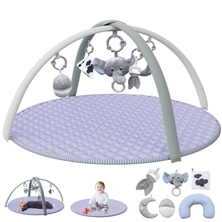 Babyomi Oversized Baby Activity Gym Play Mat with 5 Detachable Sensory Toys & Tummy Time Pillow, Machine Washable Foldable for Newborn Infant Development