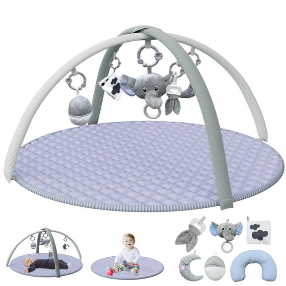 Babyomi Oversized Baby Activity Gym Play Mat with 5 Detachable Sensory Toys & Tummy Time Pillow, Machine Washable Foldable for Newborn Infant Development