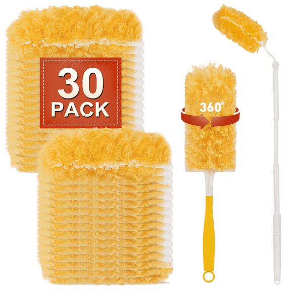 Xueyu 30 Count Duster Refills Compatible with Swiffer, 360° Heavy Duty Duster Refills for Cleaning Furniture, Blinds, Ceiling Fans (30 Count Refills+1Short Handle+1 Extended Handle)