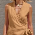 thumbnail image 6 of Ecqkame Two Piece Sets for Women Linen Wrap Side Tie V Neck Sleeveless Tops and Elastic Shorts Casual Summer Vacation Outfit Set Khaki XXXL, 6 of 8